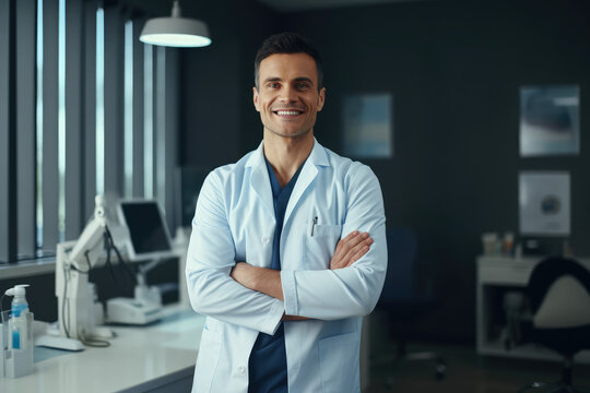 Smiling Dentist Standing In Front Of The Dentist's Office