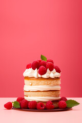  
A cake with raspberries and whipped cream on pink background