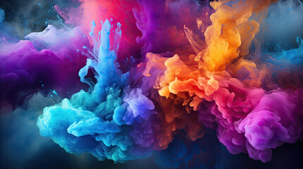 Fototapeta na wymiar Clubs of multicolored neon smoke, ink. An explosion, a burst of holi paint. Abstract psychedelic pastel light background. 3D rendering. AI generated. Clubs of multicolored neon smoke, ink. An explosio
