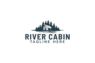 River cabin logo with a combination of a house, pines, and river or lake waters.