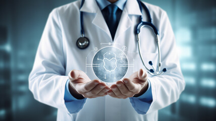 Male medicine doctor hold healthcare medical icons for the Health insurance concept. Generative AI