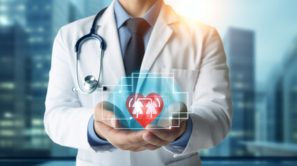 Male medicine doctor hold healthcare medical icons for the Health insurance concept. Generative AI
