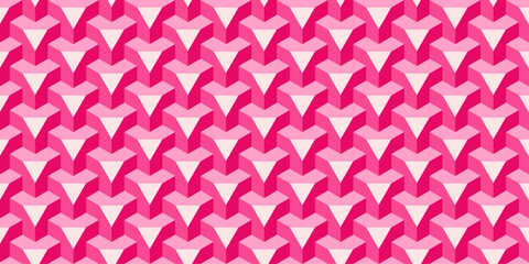 3D Geometric fun seamless vector. Triangle Pattern on Pink Background.