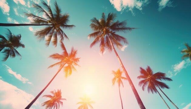 silhouette tropical palm tree with sun light on sunset sky and cloud abstract background. Summer vacation and nature travel adventure concept. Vintage tone filter effect color style.
