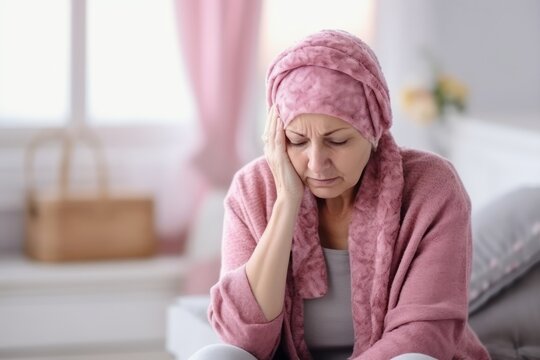 Portrait of a elderly woman in a headscarf for cancer patients, recovering from illness.