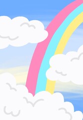 Doodle rainbow and clouds on blue sky