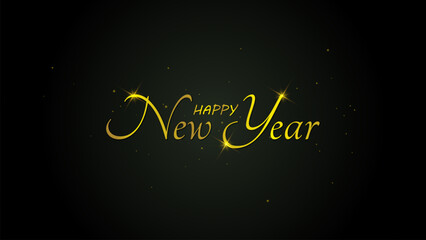 Fototapeta na wymiar Happy New Year gold text with a Dark background and sparkling font. Holiday background.
