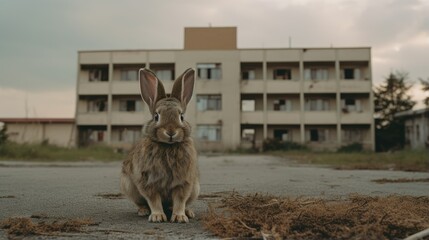 A rabbit sits on  the ground  in front of a building