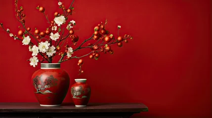  A red wall with chinese  decorations and a vase © clarut