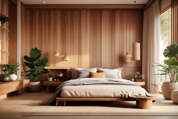 Modern American style bedroom interior design and decoration. 3d rendering zen living style, wood style