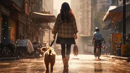 A woman is walking with  a dog on the street