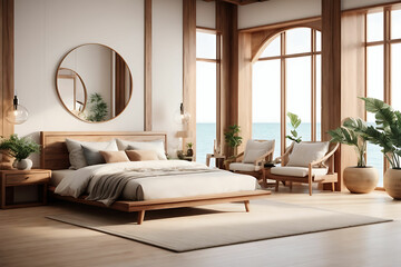 Modern sea style bedroom interior design and decoration. 3d rendering zen living style, wood style