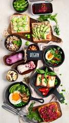 Healthy vegan food. Mushrooms, tofu, avocado and edamame beans.