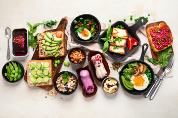 Healthy vegan food. Mushrooms, tofu, avocado and edamame beans.