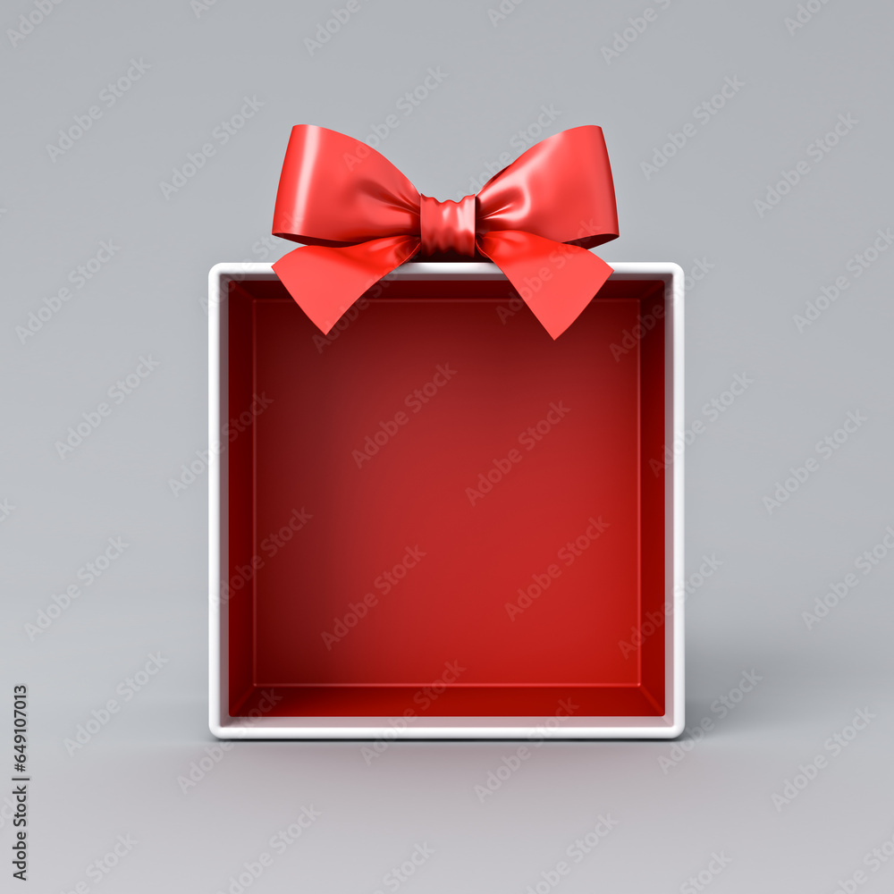 Poster Blank red gift box product display showcase or exhibition booth mock up stand with red ribbon bow isolated on dark white grey background with shadow minimal conceptual 3D rendering