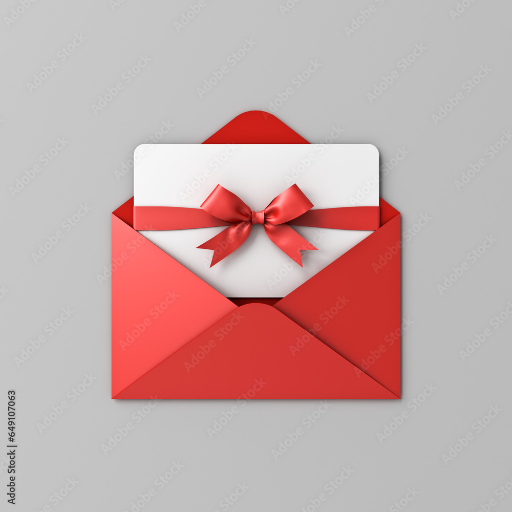 Aufkleber Gift card or gift voucher with red ribbon bow in open red envelope isolated on grey background with shadow minimal concept 3D rendering