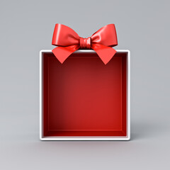 Blank red gift box product display showcase or exhibition booth mock up stand with red ribbon bow isolated on dark white grey background with shadow minimal conceptual 3D rendering