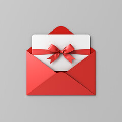 Gift card or gift voucher with red ribbon bow in open red envelope isolated on grey background with shadow minimal concept 3D rendering - obrazy, fototapety, plakaty