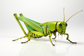 Fototapeta premium Green grasshopper on a light background. Generative AI