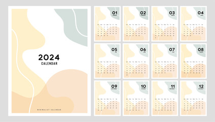 2024 Calendar planner Minimalist Style. Modern minimal calendar 2024 planner design for printing template set of 12 pages desk. vector illustration
