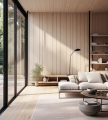 Luxury living room interior composition with a paneled wall, a sofa a window next to them.