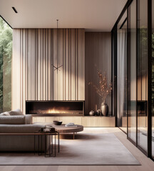 Luxury living room interior composition with a paneled wall, a sofa a window next to them.