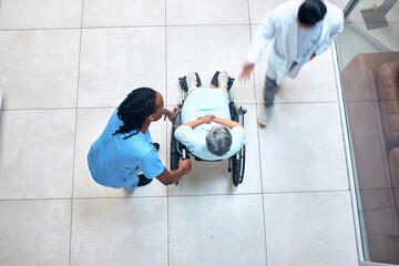 Wheelchair, hospital and patient above with nurse, helping and support with healthcare. Doctor,...