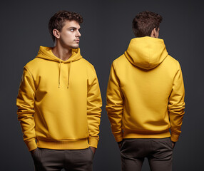 Front and back view of a yellow hoodie mockup for design print