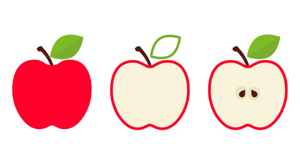 Apples vector illustration. Collection of red apple icons in flat style. Whole and half sliced fruits with leaves isolated on white background.
