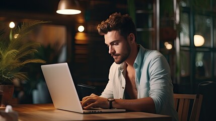 Freelance handsome man working with laptop in coffee shop