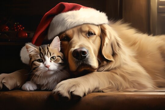 Illustration of a festive dog wearing a Santa hat next to a cat in a vibrant and cheerful painting created with Generative AI technology