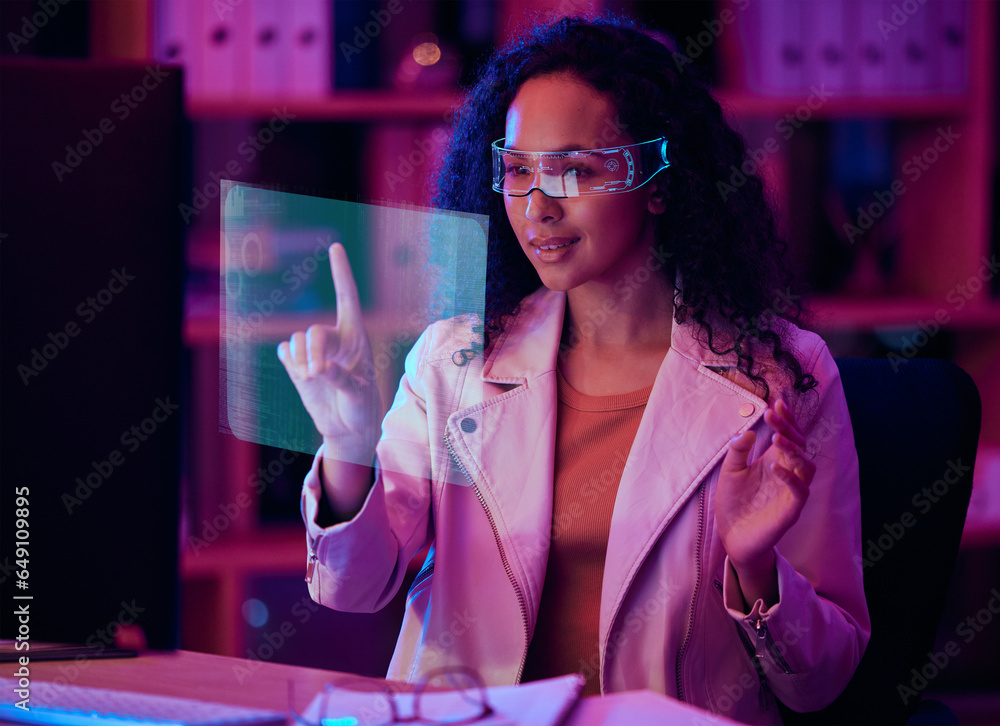 Poster woman, virtual reality and 3d screen for programming, game developer or software design in neon offi