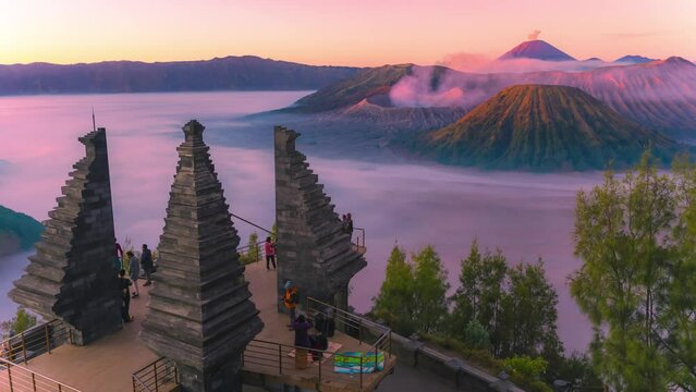 Hyper lapse of Beautiful Bromo Mountain from Seruni Point. Hyperlapse of Bromo Mountain on sunrise. Timelapse of Bromo Mount on Twilight at Kabupaten Probolinggo, Jawa Timur, Indonesia