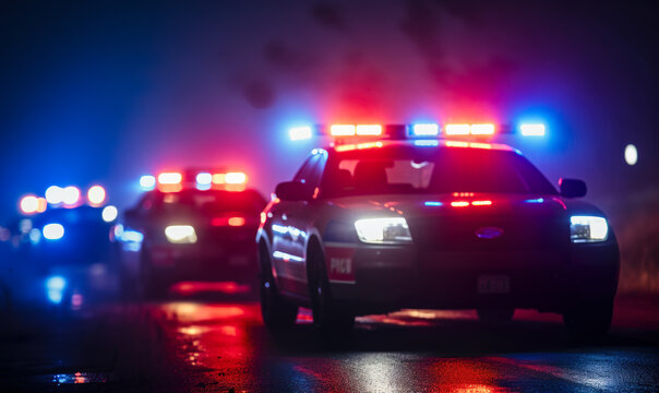 Night Patrol Drama: Fog-Enveloped Police Car Chase - Blurred Background