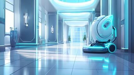 White robot with blue neon in hospital corridor background. - obrazy, fototapety, plakaty