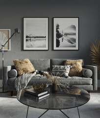 Dark living room interior, gray wall, hardwood flooring, cozy furniture, sofa, armchair. Mockup concept, 3d rendering