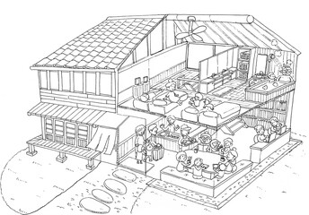 空き家の古民家を宿泊施設にリノベーションしたイメージイラスト（線画）