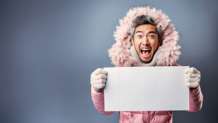Smiling Asian man wearing pink coat, holding sign, surprised. Warm Winter clothes.