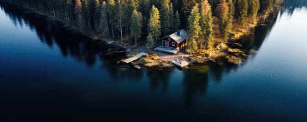 Aerial view of wooden cottage in forest near the lake. Generative ai - obrazy, fototapety, plakaty