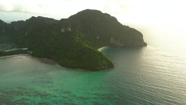 Cinematic 4K Aerial Shot Over Monkey Beach (Monkey Bay) On Koh Phi Phi; A Tropical Island Destination In Thailand.