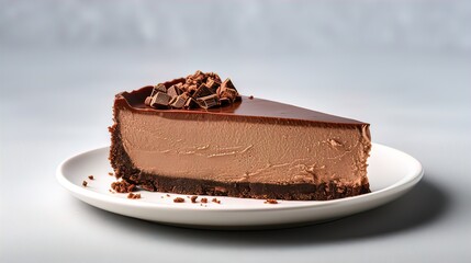 Classic chocolate cheesecake on light gray concrete background. Homemade baking. Copy space. Food photo