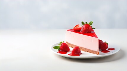 Piece of strawberry cheesecake. Light grey background with copy space. Sweet food close up