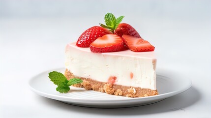 Piece of strawberry cheesecake. Light grey background with copy space. Sweet food close up
