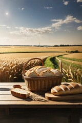 a table with bread and a vast wheat plantation in the background