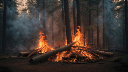slash and burn in an old coniferous forest. A fire in an old north american forest. Generative AI.