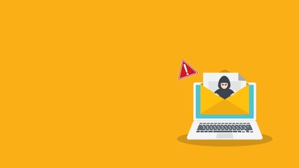 Email data phishing. Cyber thief hide inside email on a laptop computer. Virus, malware, email fraud, e-mail spam, phishing scam, hacker attack concept. - Powered by Adobe