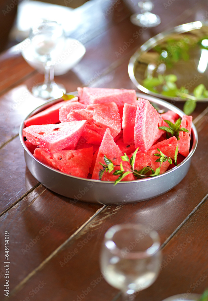 Canvas Prints watermelon in a bowl. Fresh ripe sliced watermelon on wooden rustic background