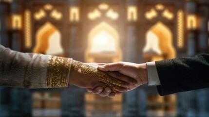 Obraz premium a close-up handshake between two hands, one young and one elderly, with the stunning architecture of a historic mosque background