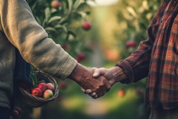 close-up handshake between two farmers in a sun-kissed  during fruit harvest - obrazy, fototapety, plakaty