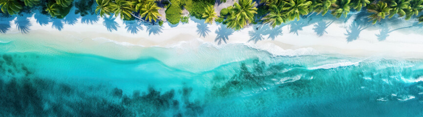 Aerial view of a tropical beach with palms, white sand and crystal clear turquoise ocean water...